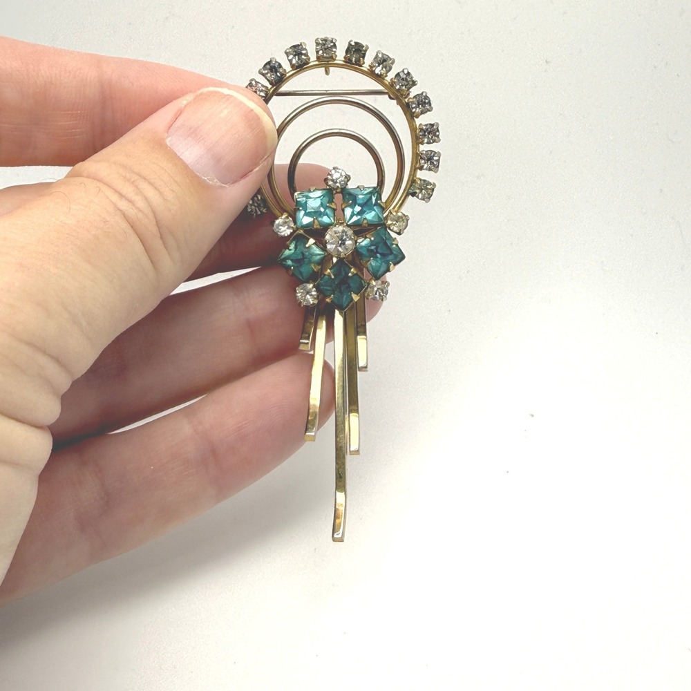 Art Deco Brooch Pendant 40s 50s Women OS Gold Teal Rhinestone Good Vintage - Picture 9 of 11